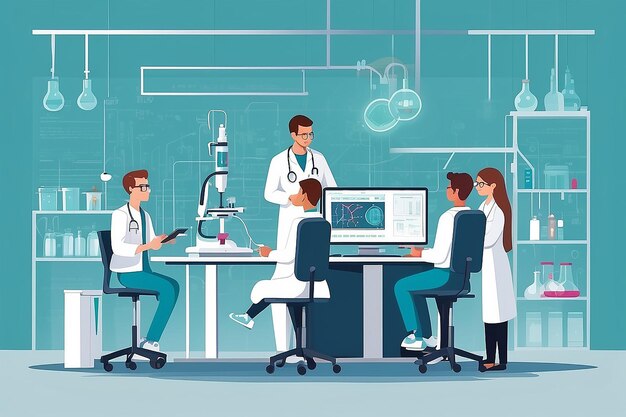 a section of the lab with students designing and testing prototypes for medical devices vector illustration in flat style