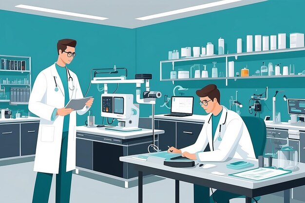 a section of the lab with students designing and testing prototypes for medical devices vector illustration in flat style