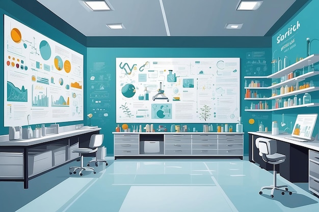 a section of the lab with a wall covered in scientific artwork and inspirational quotes vector illustration in flat style