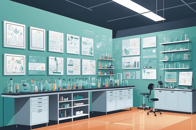 a section of the lab with a wall covered in scientific artwork and inspirational quotes vector illustration in flat style