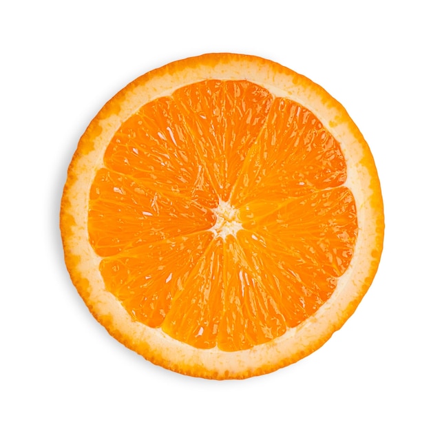 Section slice of one juicy orange citrus fruit isolated on white background Vegetarian dieting