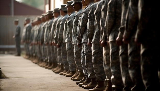 Section of soldiers legs in military uniform and boots standing in line at camp american army