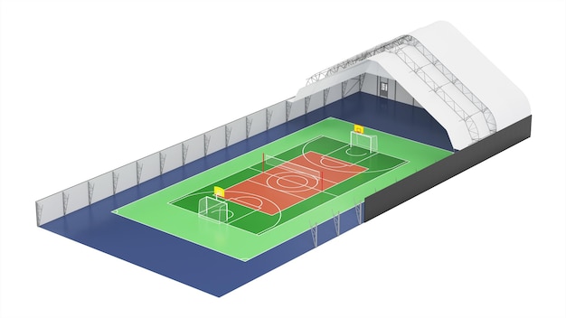 Sectionele tentstructuur van de sportschool. 3D-weergave.