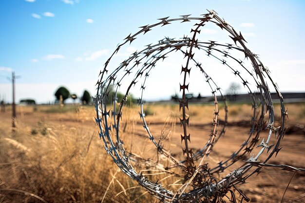 Secure area with sharp wire fencing