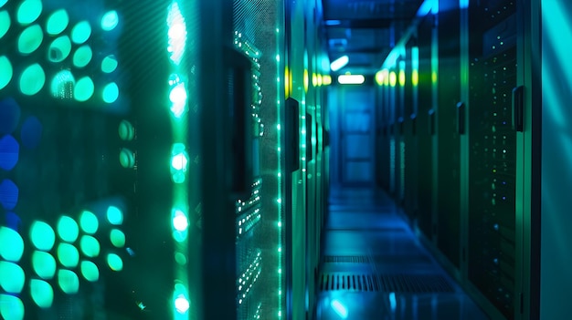 Photo secure data storage infrastructure hightech server room with led lights