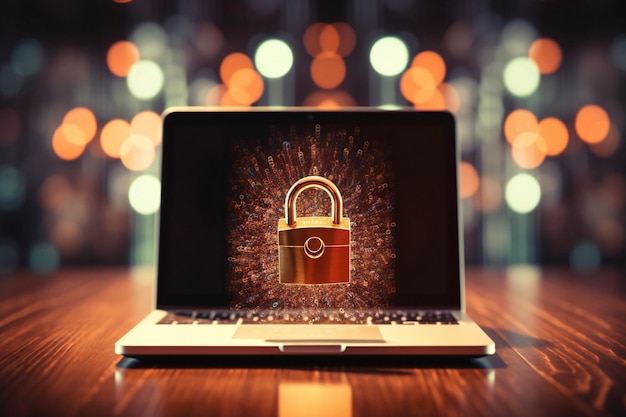 Secure Laptop with Lock Screen on Table Easily Accessible Stock Image Generated by AI