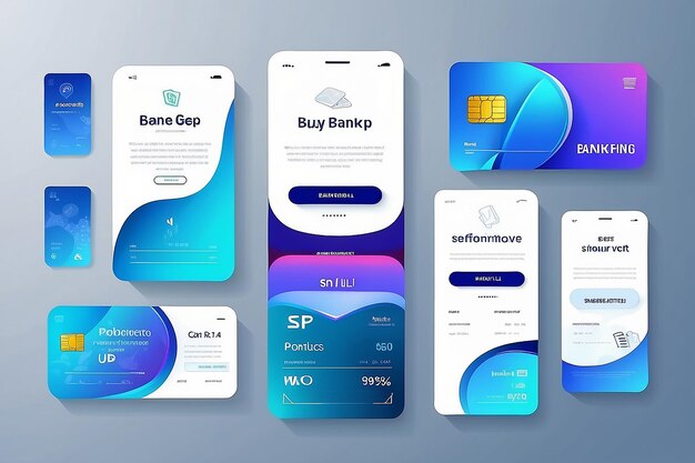 Secure mobile banking Buy by card online payment app for smartphone and bank cards mockup vector illustration set