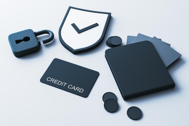 Secure payment concept with credit card lock shield and wallet on white background 3D Rendering