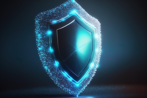 Secure and safety concept close up of glowing polygonal shield on blue background