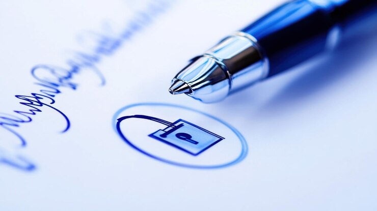 Photo secure signature pen and padlock icon