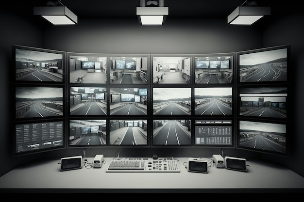 Photo secure surveillance cctv room monitoring multiple camera feeds ai