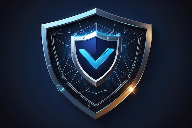보안 기술 다각형 와이어 프레임 방패와 어두운 파란색에 체크 마크 표시