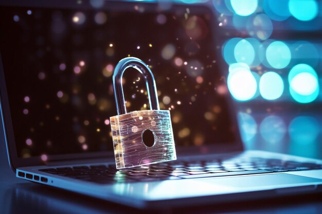 Secure Your Digital World Laptop with Keyboard Padlock Stock Image Generated by AI