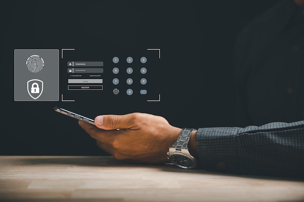 スマートフォンの未来的な生体認証指紋スキャナーで個人の財務データを保護 デジタル プログラムの監視とセキュリティ スキャン サイバー アプリケーションのプライバシー ID 保護