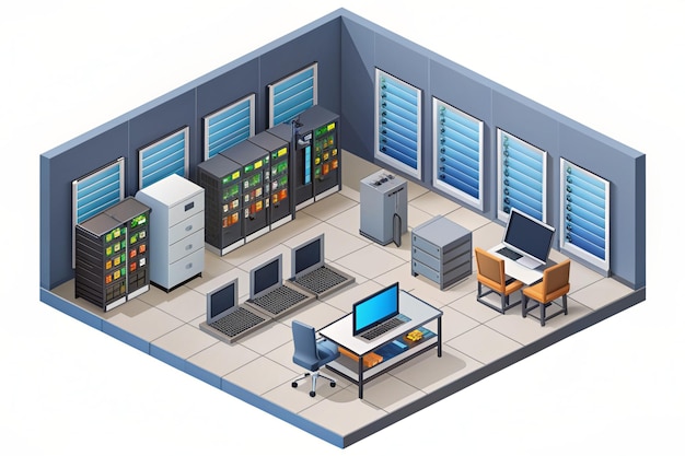 Photo secured server room isometric illustration of computer hardware network