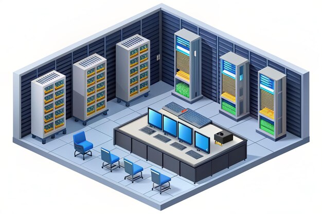 Photo secured server room isometric illustration of computer hardware network