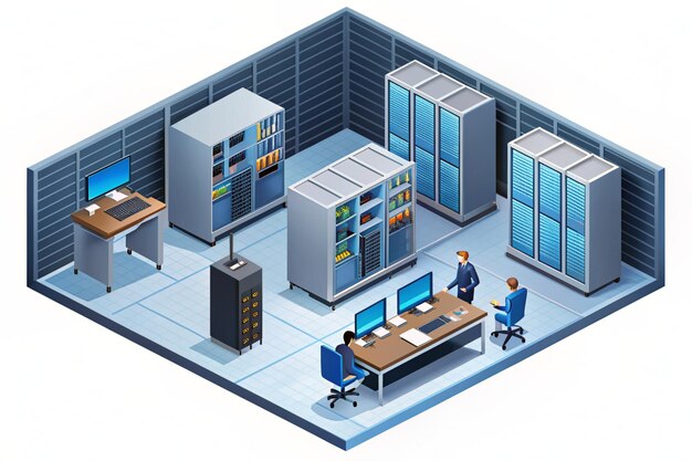 Photo secured server room isometric illustration of computer hardware network