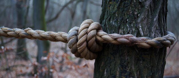 Photo securely fastened a robust nylon rope is attached to a tree or object for safety purposes