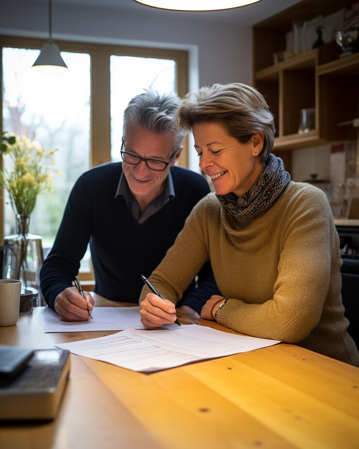 Securing the Future Couple Signing Insurance in Home Office