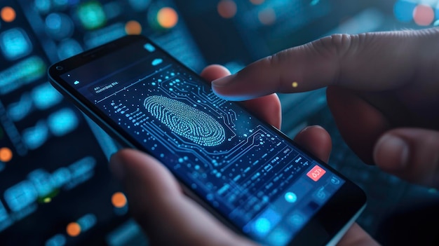 Foto sicurezza del tuo smartphone mobile nel regno digitale con impronte digitali biometriche e autenticazione a due fattori