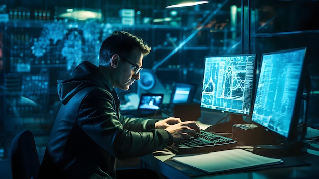 Security analyst trying fighting cyber crime Cyber hacker with computer