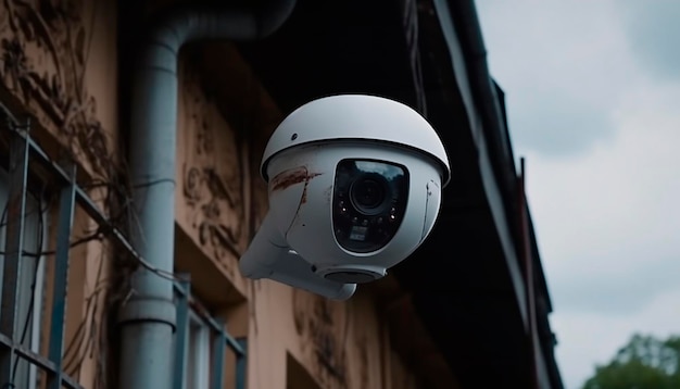 A security camera on a building