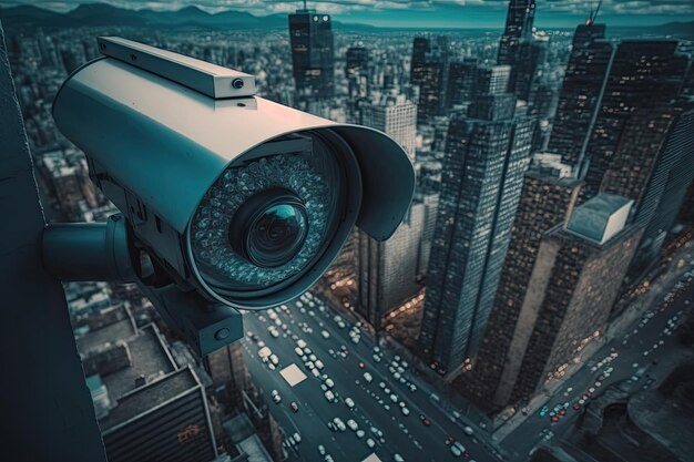 A security camera can track traffic movement rooftop of a skyscraper