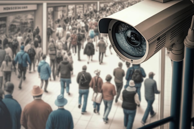 A security camera keeping watch over a bustling shopping center