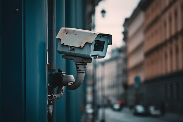 도시 벽에 있는 현대 건물 CCTV에 있는 보안 카메라