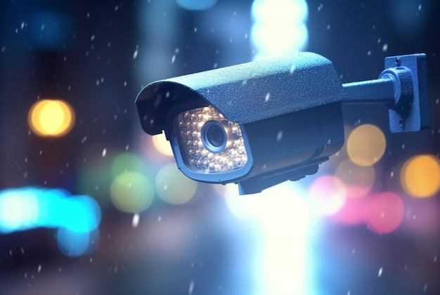 街の明かりの背景がぼやけた現代の建物の監視カメラ CCTV セキュリティ システム技術生成 AI