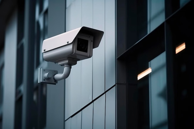 プロフェッショナルな監視カメラ - 都市の壁に CCTV システムテクノロジー - 安全システムエリア制御のビデオ機器 - 屋外AI生成