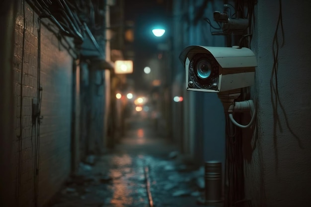 A security camera monitoring a dim and eerie alley Generative A