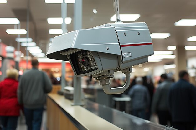 A security camera mounted to the side of a store in mall People walking on background