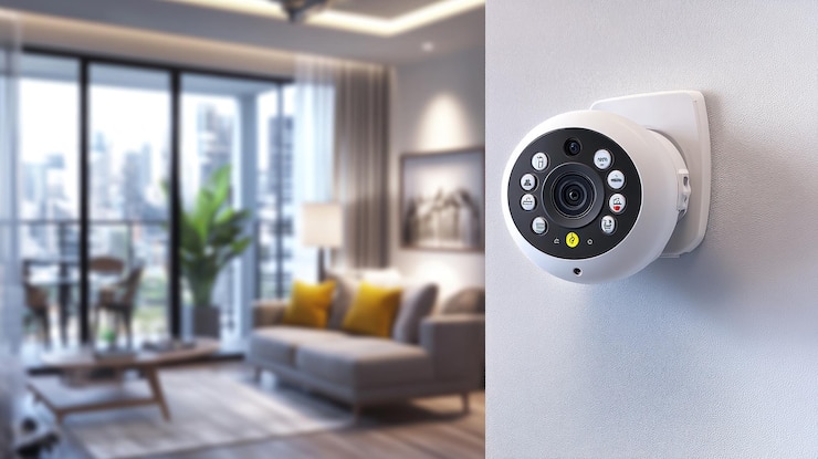 Photo a security camera mounted on a wall in a modern living room setting