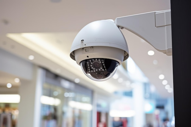 Security camera seen up close on a wall inside a shopping mall Generative AI