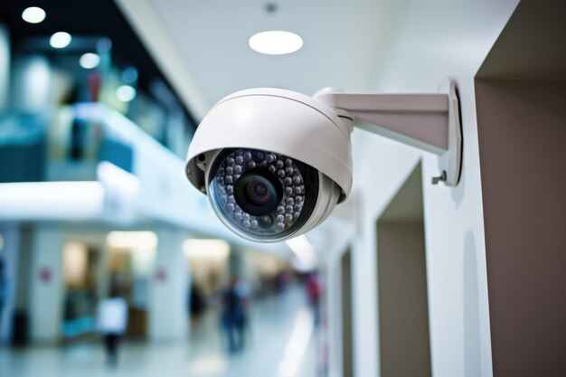 Security camera seen up close on a wall inside a shopping mall Generative AI