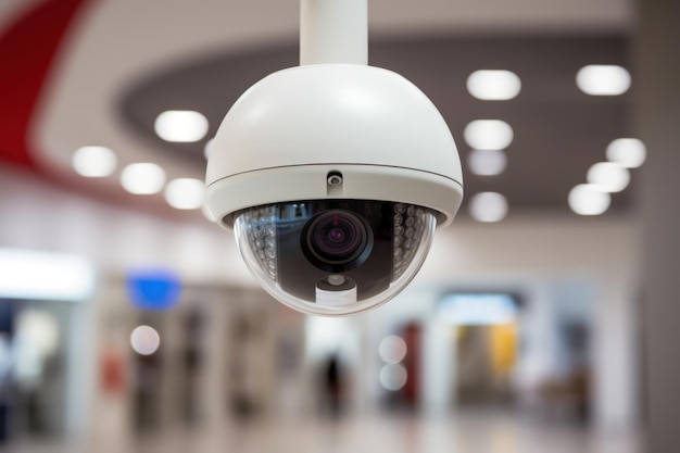 Security camera seen up close on a wall inside a shopping mall Generative AI