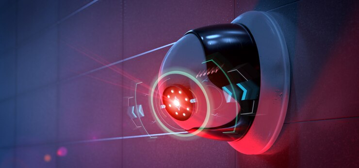 Photo security camera targeting a detected intrusion - 3d renderinga
