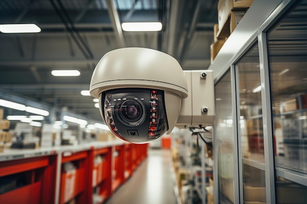 A security camera in warehouse Many shelves and boxes on background