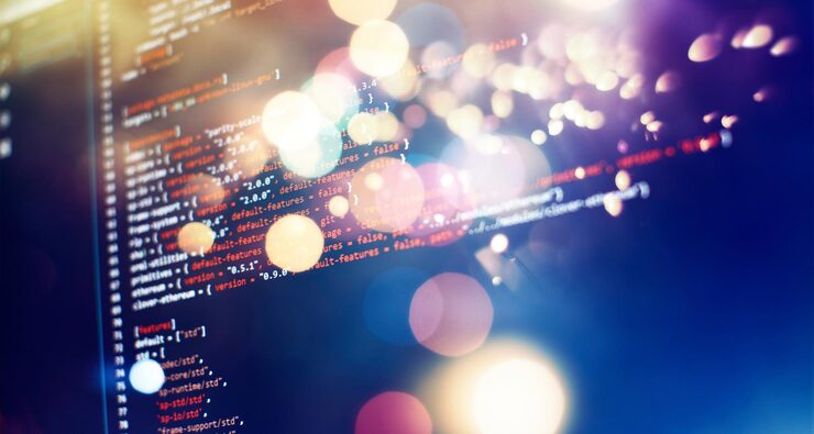 Photo security code on a computer display close up database bits access stream visualisation php language and coding function developer