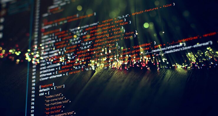 Photo security code on a computer display close up database bits access stream visualisation php language and coding function developer