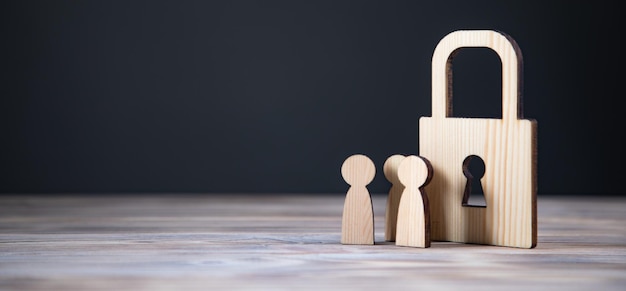 Security concept wooden lock with people on the tablexDxA