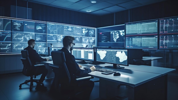 Security data center operators working in a CCTV monitoring room with many monitors Generative AI