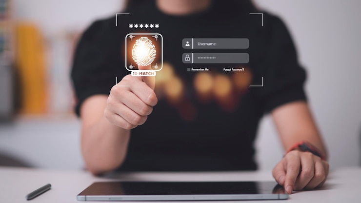 Photo security of future technology and cybernetics on the internet finger scanning allows access to security and identification of big data businesses bank and cloud computers