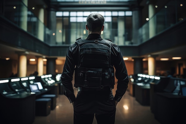 Photo security guard in black stands with his back to banks