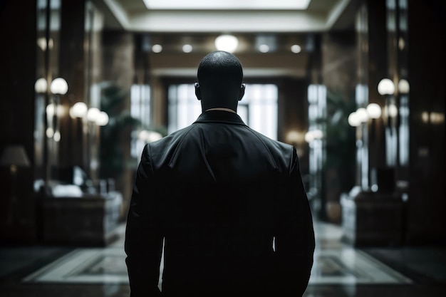 Security Guard In Black Stands With His Back To An Unfocused Hotel Lobby Generative AI