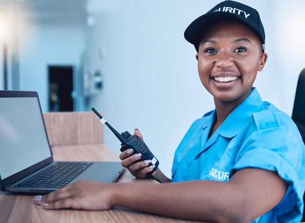 Security guard communication and officer with smile use walkie talkie or radio for an emergency or criminal Protection safety and black woman talking in a law enforcement service office for crime