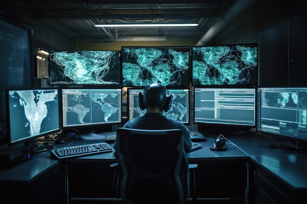 Security guard monitoring modern CCTV cameras in surveillance room at night AI Generated