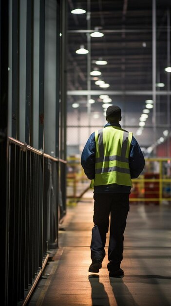 Foto guardia di sicurezza che cammina per il perimetro dell'edificio con una torcia di notte