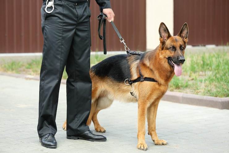 Photo 屋外で犬と警備員